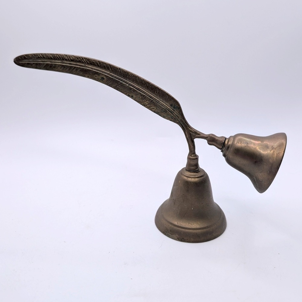 Vtg Double Hand Bell Brass Feather Handle Ornate Decor Library Dark Academia